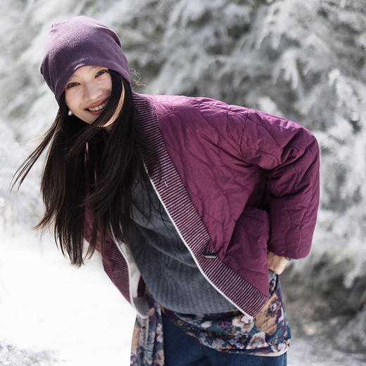 绽放736朵/紫葫芦棉服·葫芦形绗棉毛织拼接v领短棉衣新款厚外套 商品图1