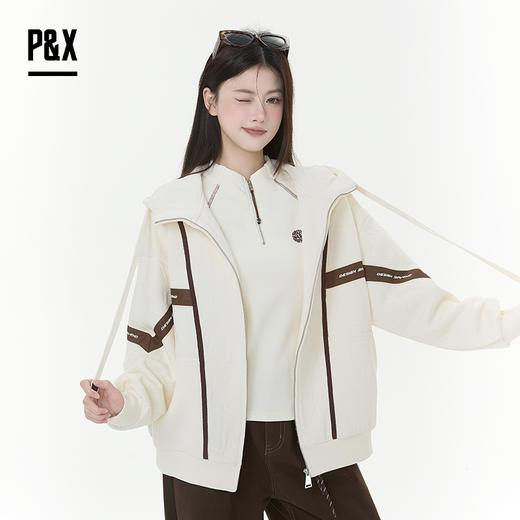 P&X设计师女装2025冬季极简风拼接连帽梭织外套825413248 杏色 商品图3