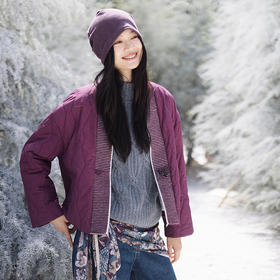 绽放736朵/紫葫芦棉服·葫芦形绗棉毛织拼接v领短棉衣新款厚外套