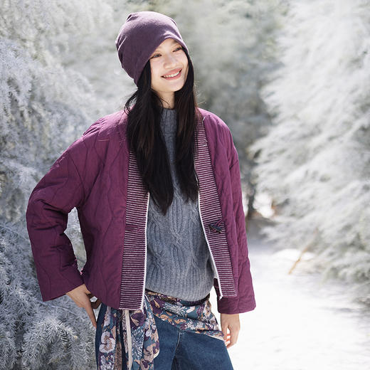 绽放736朵/紫葫芦棉服·葫芦形绗棉毛织拼接v领短棉衣新款厚外套 商品图0