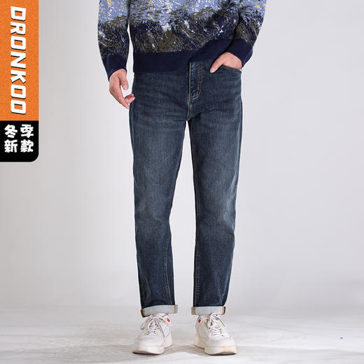 DRONKOO 2025 正常腰左袋绣线织唛底磨毛厚牛仔长裤 商品图0