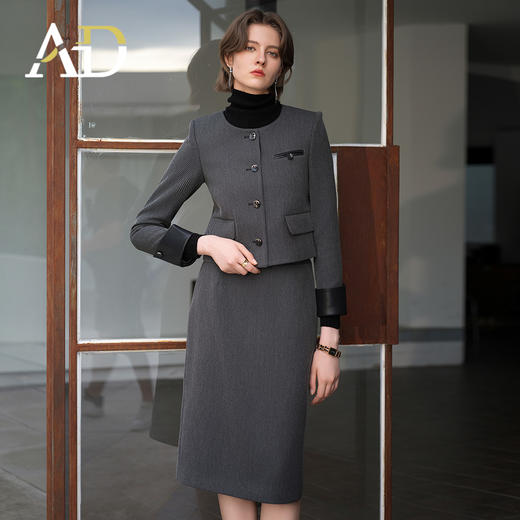 AD入秋小香风套装女知性圆领短外套2024新款斜纹羊毛呢子两件套 商品图3