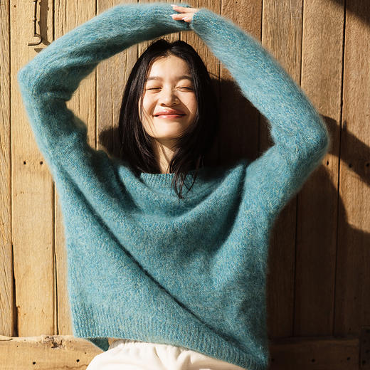 绽放749朵/100%绵羊毛宽松花纱拉毛圆领套头毛针织衫文艺毛衣女冬 商品图1