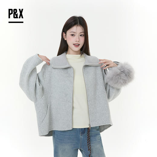 P&X设计师女装2025冬季百搭休闲双面呢短款大衣825421117 浅灰 商品图2