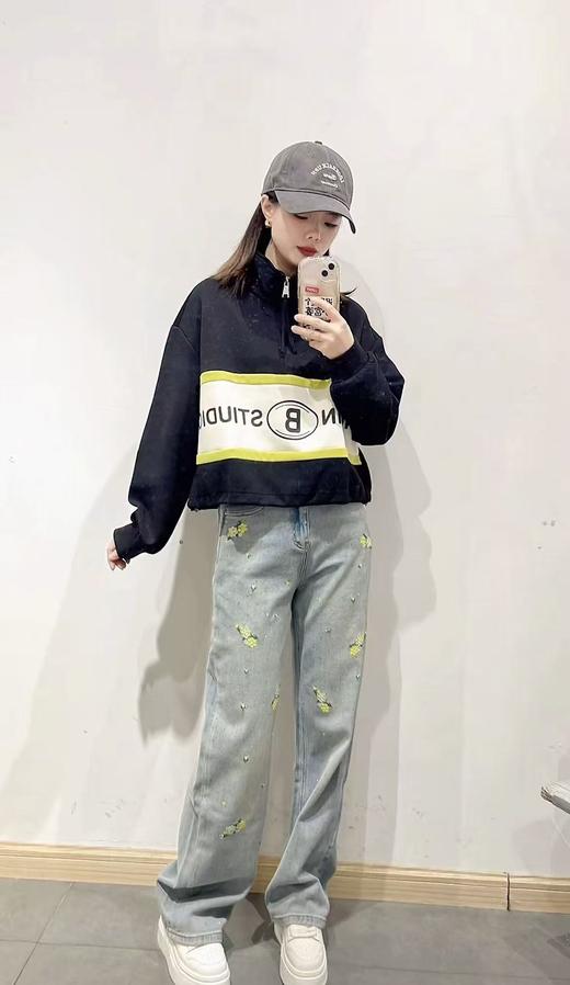 清货！！潮牌卫衣拼色半拉链下摆可抽绳宽松卫衣-喜出 商品图1