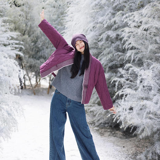绽放736朵/紫葫芦棉服·葫芦形绗棉毛织拼接v领短棉衣新款厚外套 商品图2