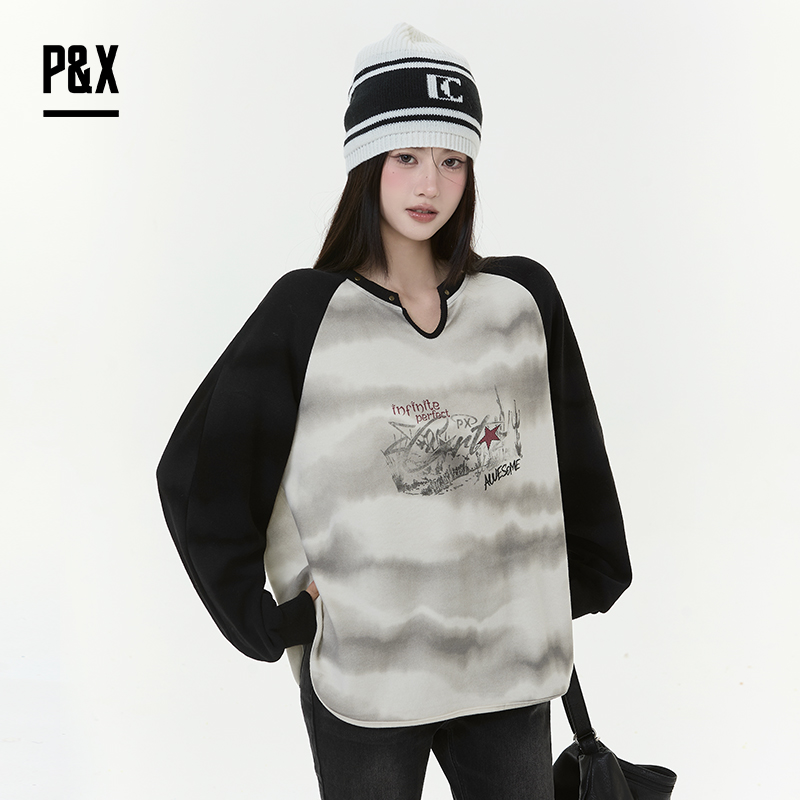 P&X设计师女装2025冬季长袖复古插肩袖宽松T恤825402093 杏色