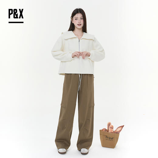 P&X设计师女装2025冬季加绒简约海军领短款卫衣825417154 杏色 商品图1