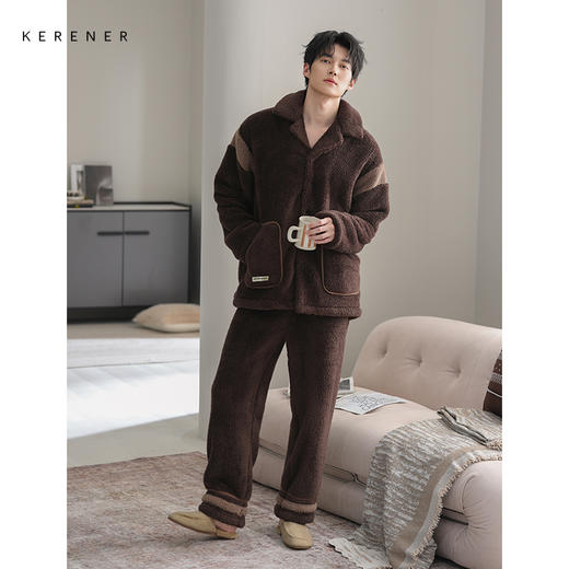 可人儿冬季男士保暖舒棉绒睡衣秋冬休闲翻领男款加厚珊瑚绒家居服 商品图1
