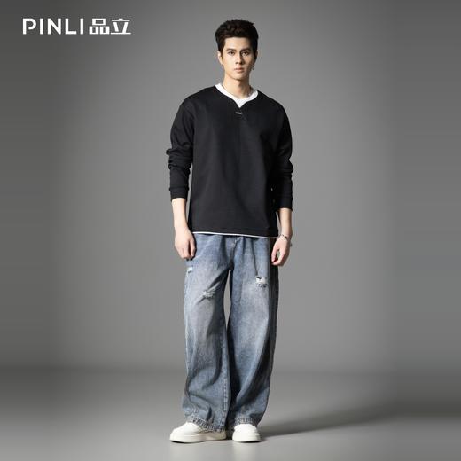 PINLI品立新款水洗宽松直筒牛仔裤潮男美式复古破洞长裤GD253116140 商品图1