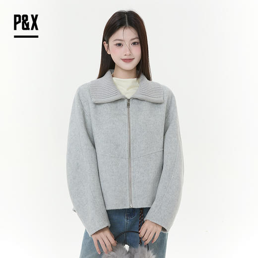 P&X设计师女装2025冬季百搭休闲双面呢短款大衣825421117 浅灰 商品图0