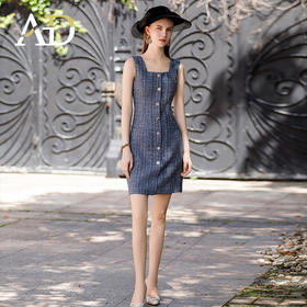 AD金扣无袖气质小香风粗花呢连衣裙2023秋季新款名媛千金风背心裙