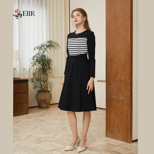 司歌弹力拼条纹收腰长袖连衣裙秋冬A921039X 商品图1