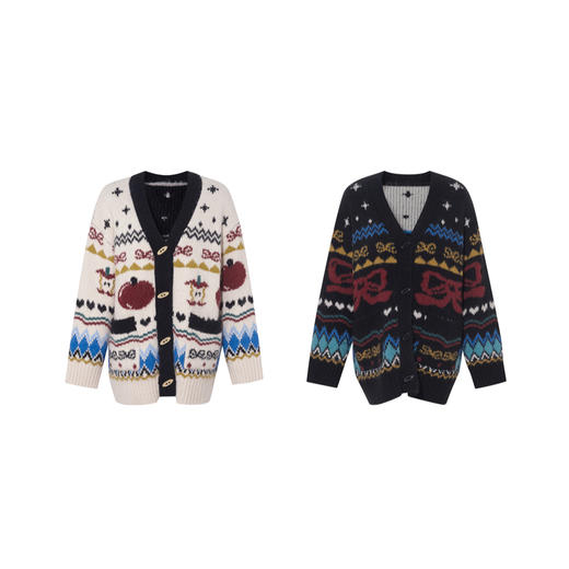 两三事 迷途信标 2025冬季新款童趣提花图案费尔岛花色毛衣开衫女 商品图4