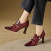 【预售5天】酒红色气质尖头粗跟单鞋女春秋季新款蝴蝶结高跟鞋深口鞋子QS&727 商品缩略图0