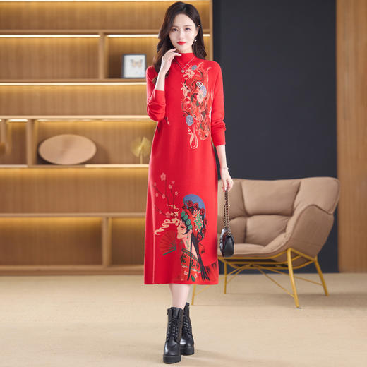 AHM wjnz2030针织印花连衣裙时尚气质显瘦中长款毛衣裙 商品图2