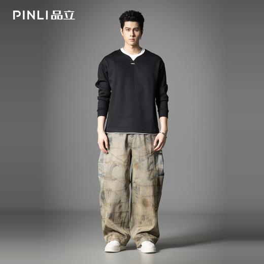PINLI品立2025秋季新款涂鸦印花嘻哈街头宽松直筒休闲牛仔长裤男GD253116145 商品图1