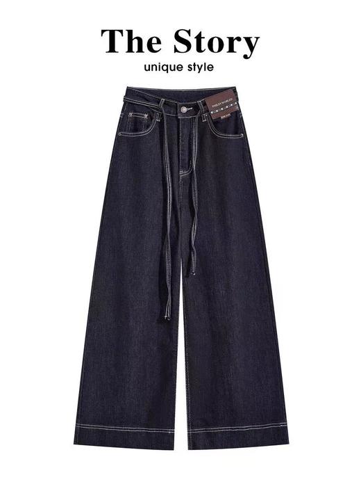 【牛仔裤】（小个子款）7758高弹力丹宁蓝腰绳牛仔裤直筒裤-喜出 商品图2