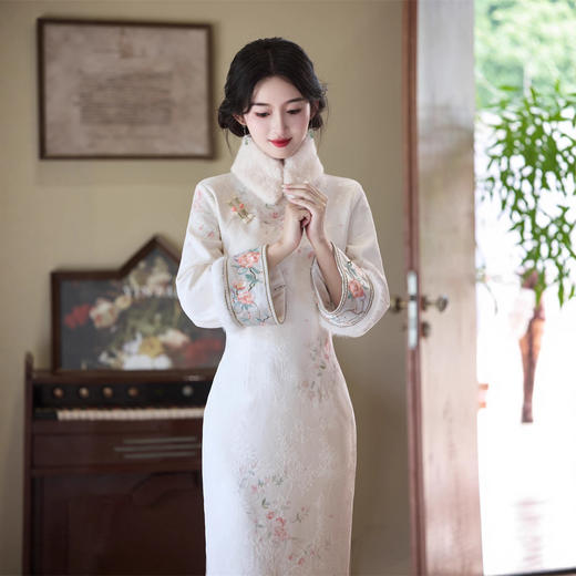 提花加绒长款旗袍，复古中国风年轻少女款日常可穿旗袍LJX-869 商品图2