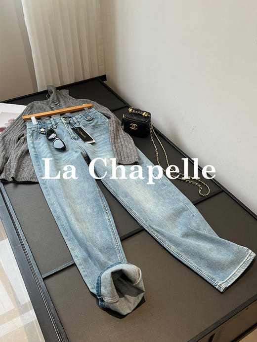 会员福利【设计感×通勤百搭】拉夏贝尔/La Chapelle高腰皮标牛仔裤女百搭韩版休闲小个子直筒裤 商品图5
