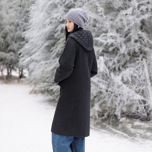 绽放626朵/绵羊毛骆驼绒直身连帽双层长款毛呢外套女冬新款呢大衣 商品图3