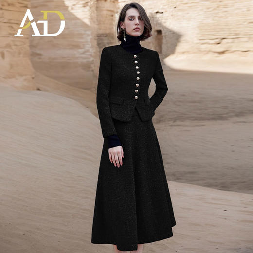 AD端庄大气西装套裙2024秋冬高级感小香风两件套黑色粗花呢短外套 商品图2
