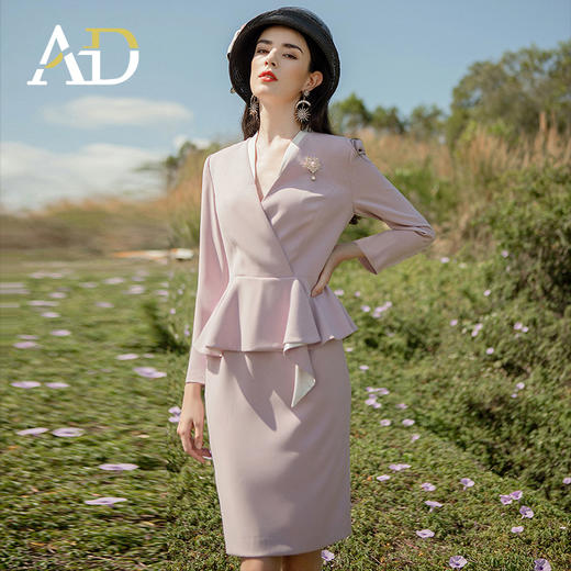 AD洋气紫色连衣裙女时尚职业装气质女神范西装套装高端前台工作服 商品图1