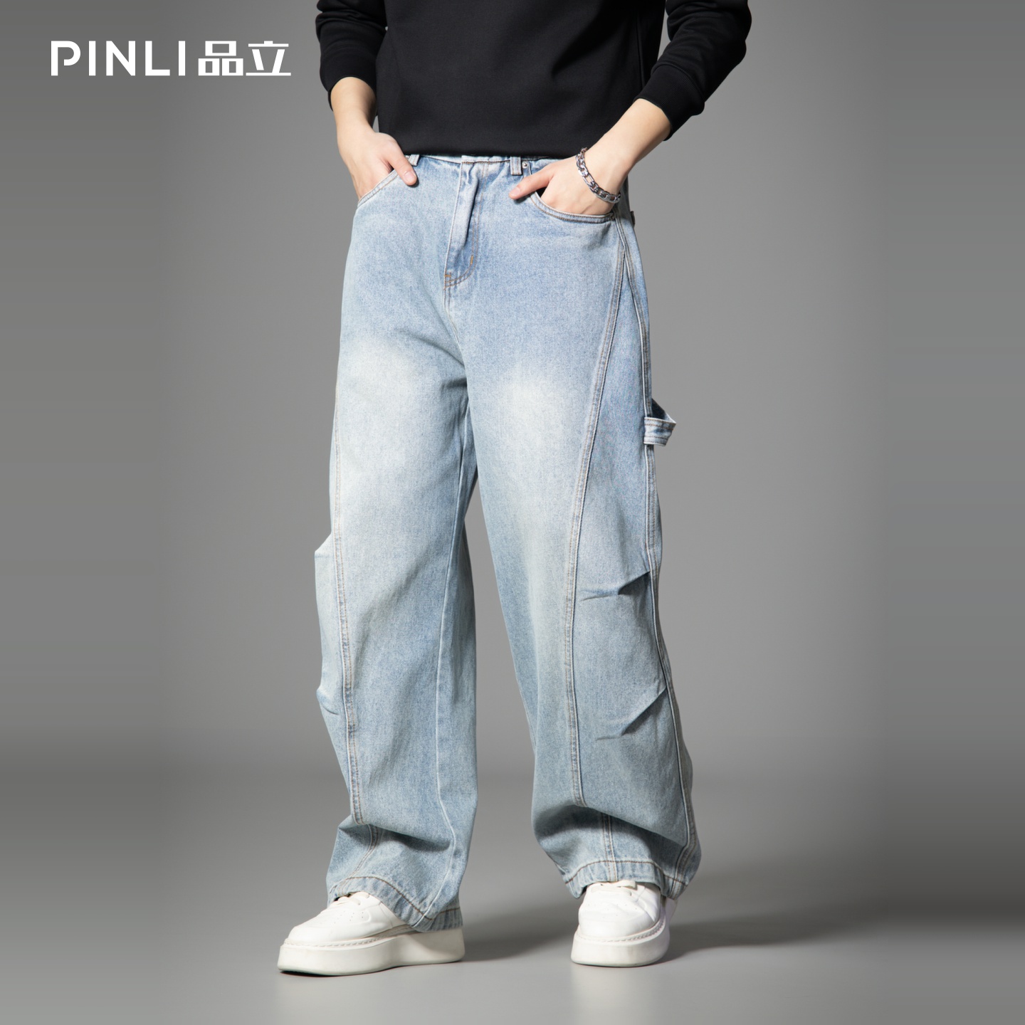 PINLI品立春季新款男士美式高街复古宽松直筒休闲牛仔长裤潮GD253116142