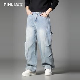 PINLI品立春季新款男士美式高街复古宽松直筒休闲牛仔长裤潮GD253116142