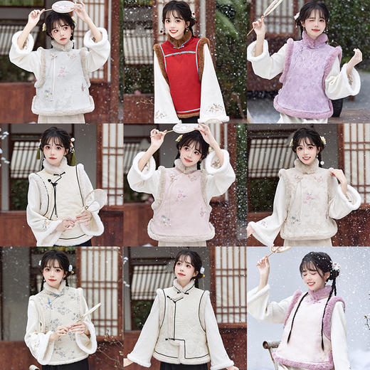 多色马甲：冬禧 小阔袖改良旗袍全开襟马甲民国风套装冬LSB3349 商品图1