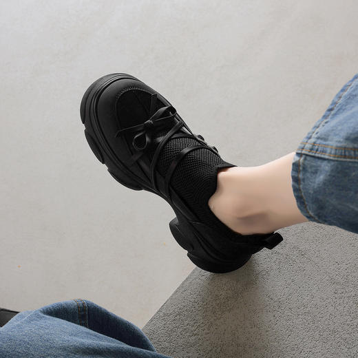 阿么手工女鞋高跟双排扣小蝴蝶结松糕鞋7CM松紧百搭休闲鞋一脚蹬 商品图4