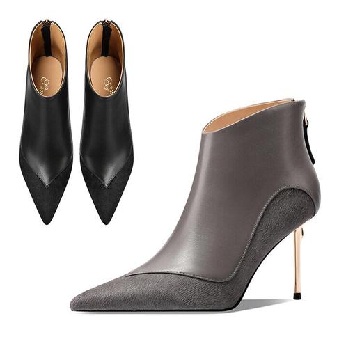 【预售5天】高级感真皮拼接牛毛气质高跟短靴女秋冬新款尖头细跟百搭女时装靴CX&CX8195-9 商品图0