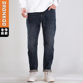 DRONKOO 2025 正常腰表袋右后袋绿色刺绣一体绒厚牛仔长裤