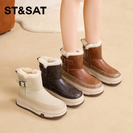星期六复古皮面扣单厚底加绒雪地靴SSC1118Y68 商品图0