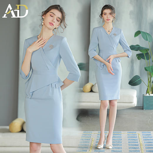 AD高级感粉色职业连衣裙女假两件工作服职业装高端前台接待工装裙 商品图3