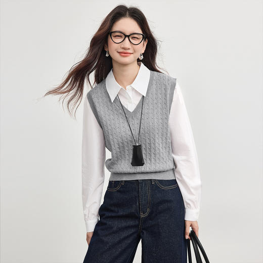 【双𝟭𝟭特卖】熙世界高智感学院风长袖衬衫马甲叠穿假两件针织衫2025秋日新款 商品图4