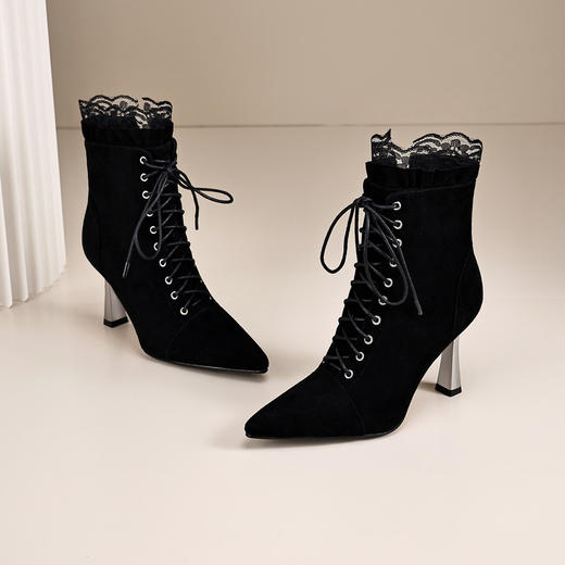 【预售5天】尖头高跟短靴真皮时尚，蕾丝边细跟马丁靴女靴HFE&F63-1 商品图2