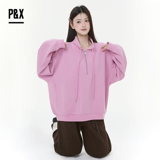 P&X设计师女装2025冬季长袖翻领加绒拉链短款卫衣825417156 粉色 商品图3