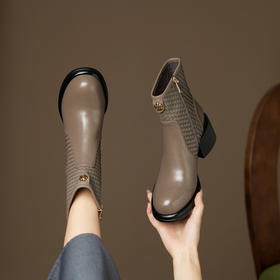 【预售5天】6cm圆头粗跟短靴女新款百搭高跟鞋编织时装切尔西靴MLD&AC1795