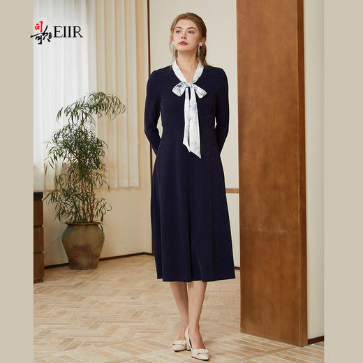 司歌弹力连衣裙秋冬蝴蝶结收腰中长裙A921109Y 商品图1