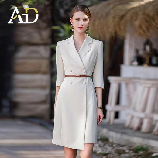 AD米色职业装女连身裙演讲西装连衣裙显瘦工作服主持人正装裙通勤 商品图1