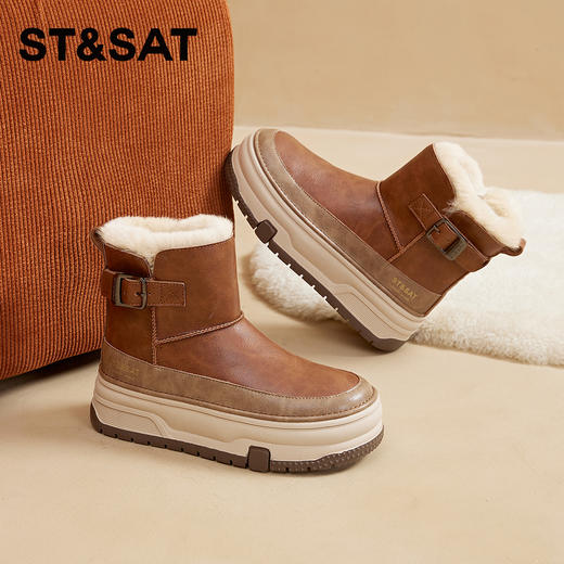 星期六复古皮面扣单厚底加绒雪地靴SSC1118Y68 商品图5