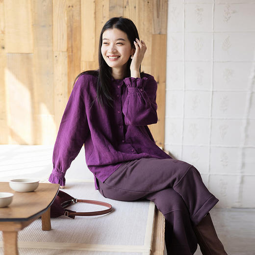 绽放721朵/加厚亚麻花边领开襟正常肩长袖衬衫气质文艺百搭小衫女 商品图0