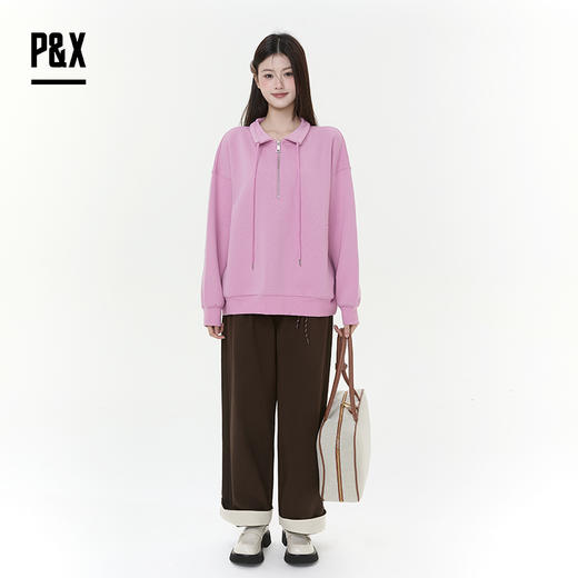 P&X设计师女装2025冬季长袖翻领加绒拉链短款卫衣825417156 粉色 商品图1