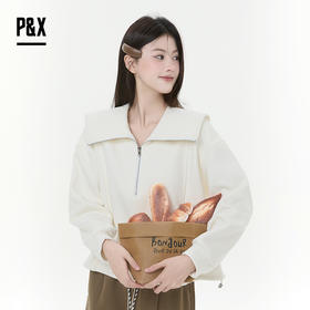 P&X设计师女装2025冬季加绒简约海军领短款卫衣825417154 杏色