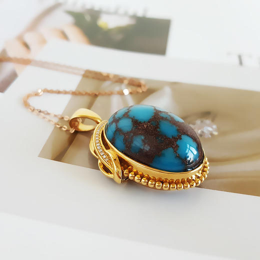 【天然正品】AU750黄金镶钻镶天然原矿高瓷高蓝铁线绿松石吊坠项链 链长：45CM（长度可调节）女士271025NJM04 商品图5