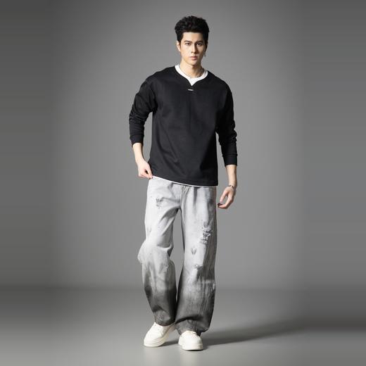 PINLI品立2025秋季新款男士宽松美式高街破洞直筒休闲牛仔长裤潮GD253116139 商品图4