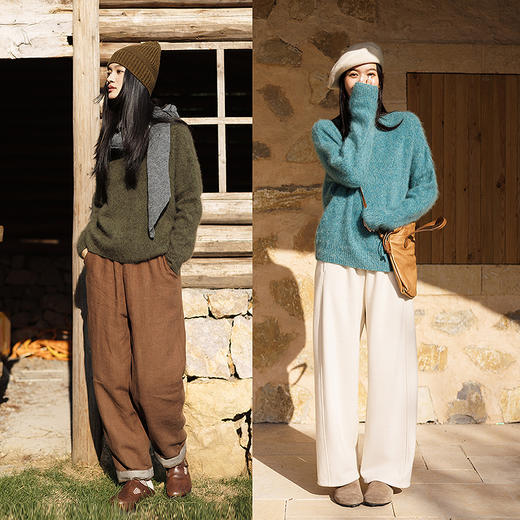 绽放749朵/100%绵羊毛宽松花纱拉毛圆领套头毛针织衫文艺毛衣女冬 商品图2