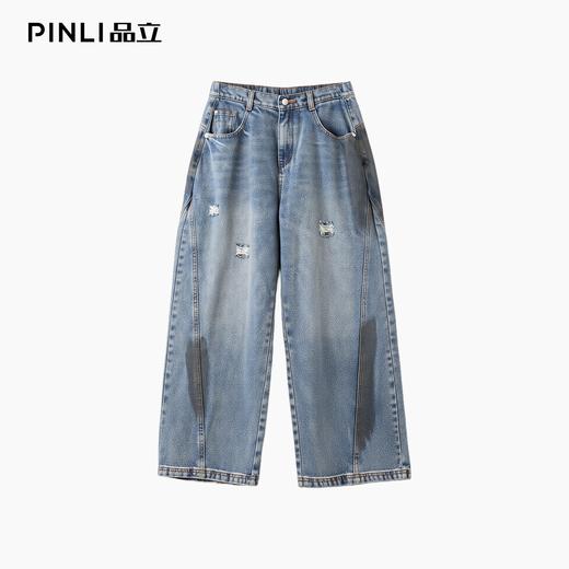 PINLI品立新款水洗宽松直筒牛仔裤潮男美式复古破洞长裤GD253116140 商品图3