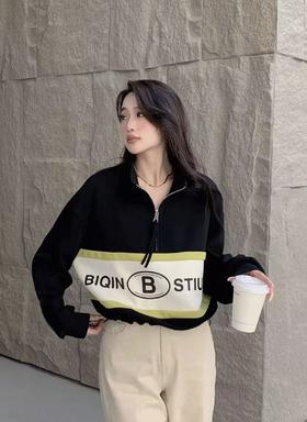 清货！！潮牌卫衣拼色半拉链下摆可抽绳宽松卫衣-喜出